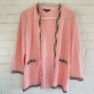Misook Ribbon Fringe Trim Check Knit Jacket Pink Elegant Size Small